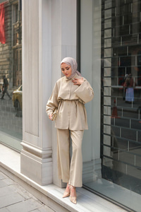 Çift Düğme Detaylı Takım Bej