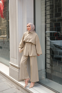 Çift Düğme Detaylı Takım Bej