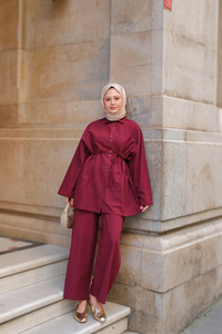 Çift Düğme Detaylı Takım Bordo