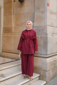 Çift Düğme Detaylı Takım Bordo