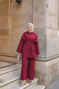 Çift Düğme Detaylı Takım Bordo