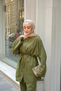 Çift Düğme Detaylı Takım Haki Yeşil