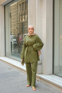 Çift Düğme Detaylı Takım Haki Yeşil