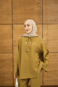 Çift Düğme Detaylı Takım Hardal