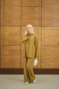 Çift Düğme Detaylı Takım Hardal