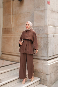 Çift Düğme Detaylı Takım Kahverengi