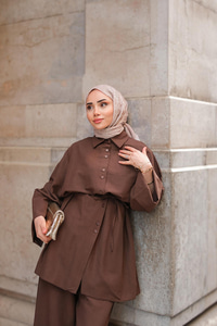 Çift Düğme Detaylı Takım Kahverengi