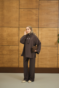 Çift Düğme Detaylı Takım Kahverengi