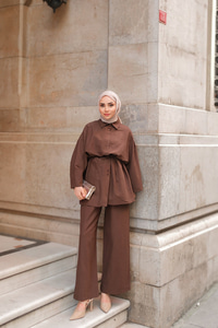 Çift Düğme Detaylı Takım Kahverengi