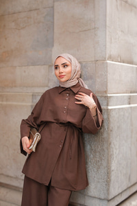 Çift Düğme Detaylı Takım Kahverengi