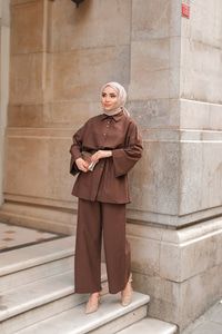 Çift Düğme Detaylı Takım Kahverengi