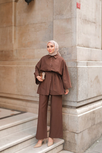 Çift Düğme Detaylı Takım Kahverengi