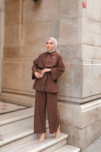 Çift Düğme Detaylı Takım Kahverengi