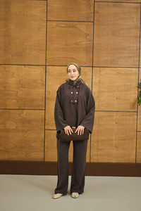 Çift Düğme Detaylı Takım Kahverengi