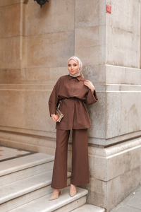 Çift Düğme Detaylı Takım Kahverengi