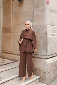 Çift Düğme Detaylı Takım Kahverengi