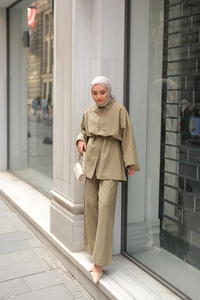 Çift Düğme Detaylı Takım Küf Yeşil