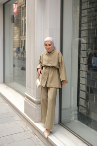 Çift Düğme Detaylı Takım Küf Yeşil