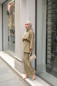 Çift Düğme Detaylı Takım Küf Yeşil