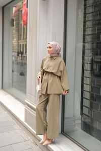 Çift Düğme Detaylı Takım Küf Yeşil