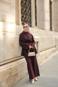 Çift Düğme Detaylı Takım Mürdüm