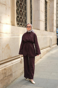 Çift Düğme Detaylı Takım Mürdüm