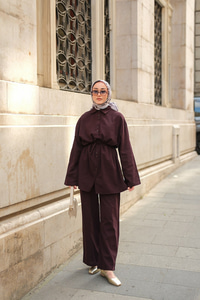 Çift Düğme Detaylı Takım Mürdüm