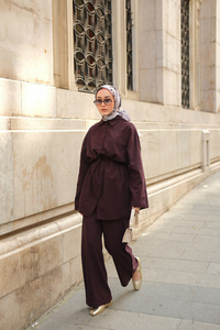 Çift Düğme Detaylı Takım Mürdüm