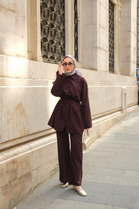 Çift Düğme Detaylı Takım Mürdüm