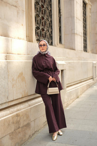 Çift Düğme Detaylı Takım Mürdüm