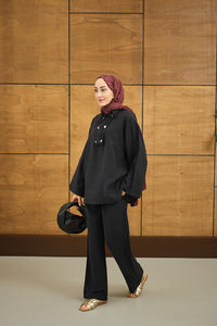 Çift Düğme Detaylı Takım Siyah