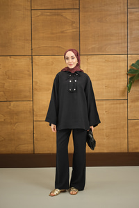 Çift Düğme Detaylı Takım Siyah