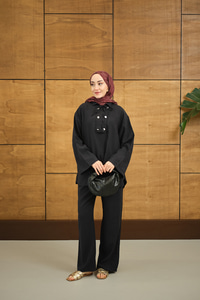 Çift Düğme Detaylı Takım Siyah