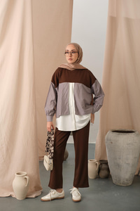 Çift Garni Detay Takım Kahverengi