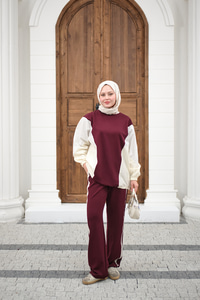 Çift Garni Detaylı Takım Bordo