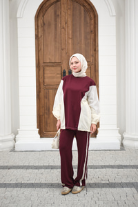 Çift Garni Detaylı Takım Bordo