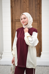 Çift Garni Detaylı Takım Bordo