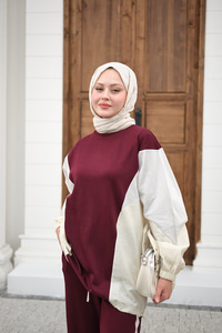 Çift Garni Detaylı Takım Bordo