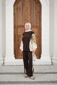 Çift Garni Detaylı Takım Kahverengi