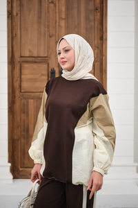 Çift Garni Detaylı Takım Kahverengi