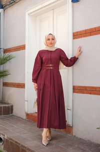 Çift Kemer Bağlamalı Elbise Bordo