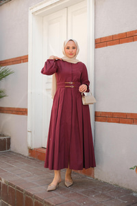 Çift Kemer Bağlamalı Elbise Bordo