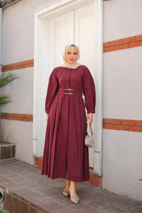 Çift Kemer Bağlamalı Elbise Bordo