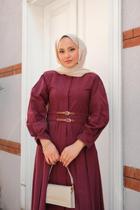 Çift Kemer Bağlamalı Elbise Bordo
