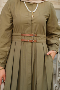 Çift Kemer Bağlamalı Elbise Haki Yeşil