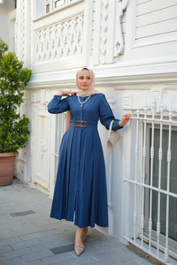 Çift Kemer Bağlamalı Elbise Lacivert