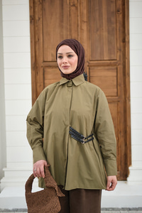 Çift Kemer Detay Gömlek Haki Yeşil