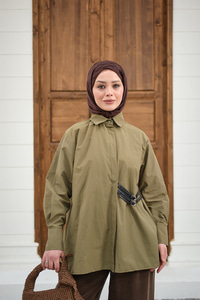 Çift Kemer Detay Gömlek Haki Yeşil