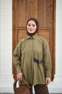 Çift Kemer Detay Gömlek Haki Yeşil