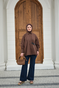 Çift Kemer Detay Gömlek Kahverengi